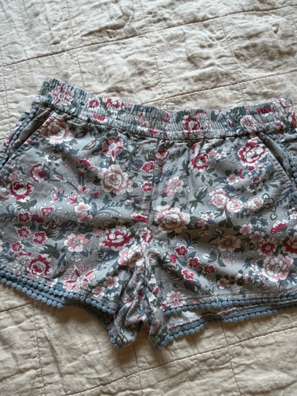 LOFT Gray Floral Elastic Waist Shorts with Pink and Blue Accents